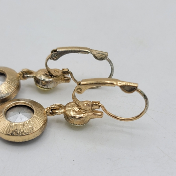 Gold Tone Dangle Earrings Garnet Red & Yellow Rhinestone Bezel Leverback Vintage - Picture 4 of 8